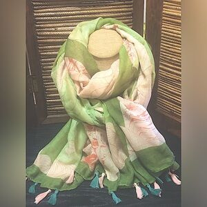 Scarf With Tassels In Shades Of Pink, Olive Green, Coral,  And Pale Green.